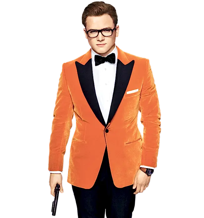 Orange velvet bespoke jacket from Kingsman worn by Taron Egerton