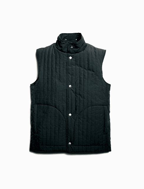 A green quilted vest with copper buttons on a white background.